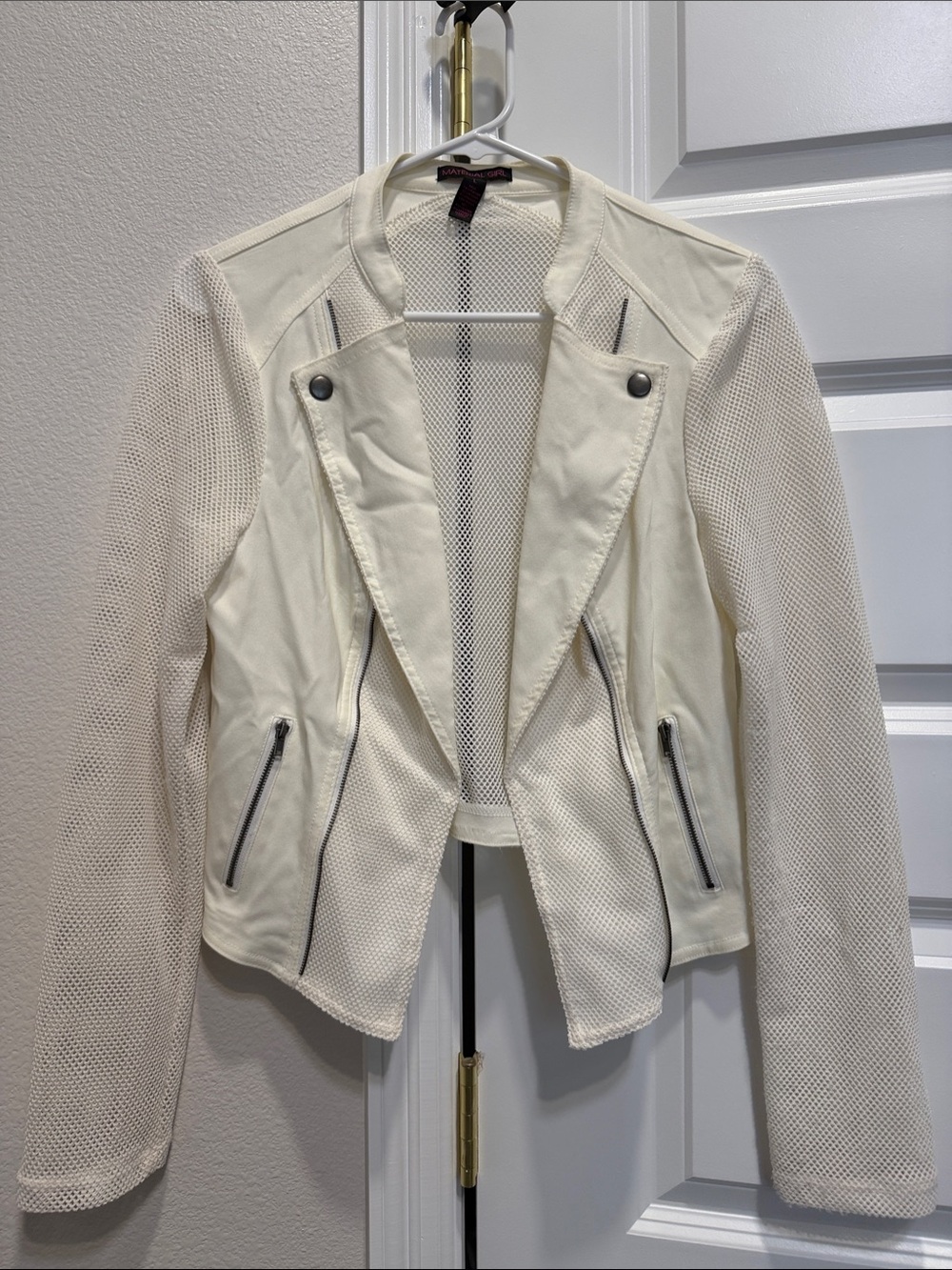 Material Girl Cream Mesh Panel Faux-Leather Moto Jacket